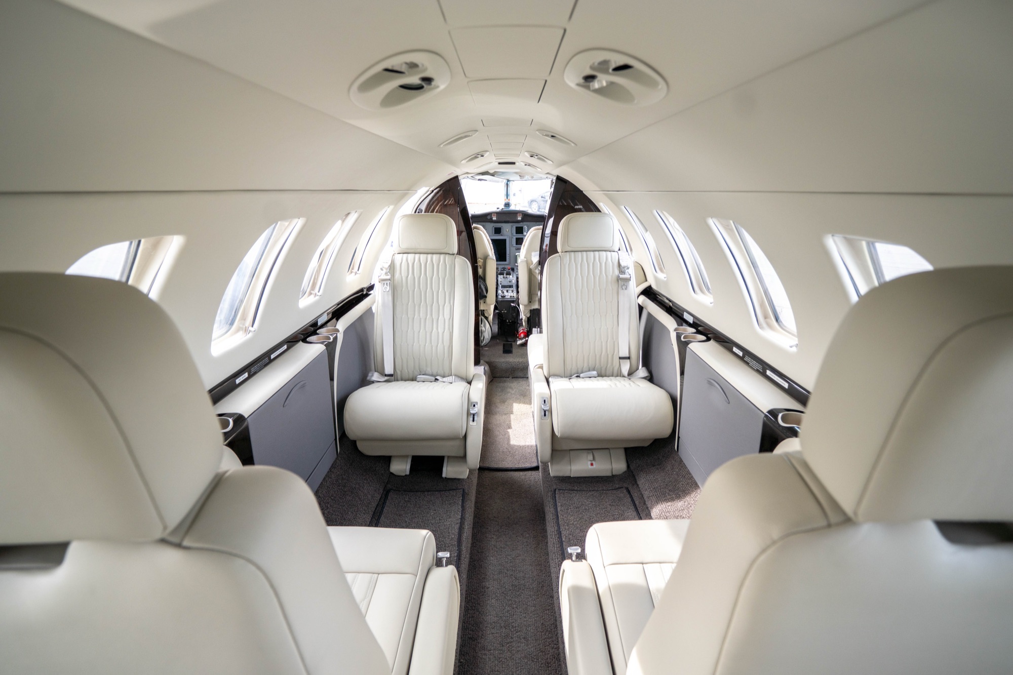 Luxury private jet interior cabin details.
